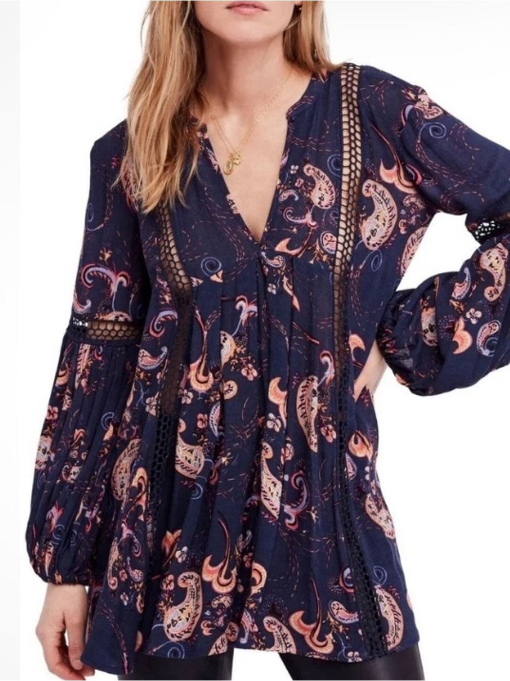 Free People Just The Two Of Us Paisley Babydoll Tunic Crochet Insets Oversize XS - Picture 2 of 8